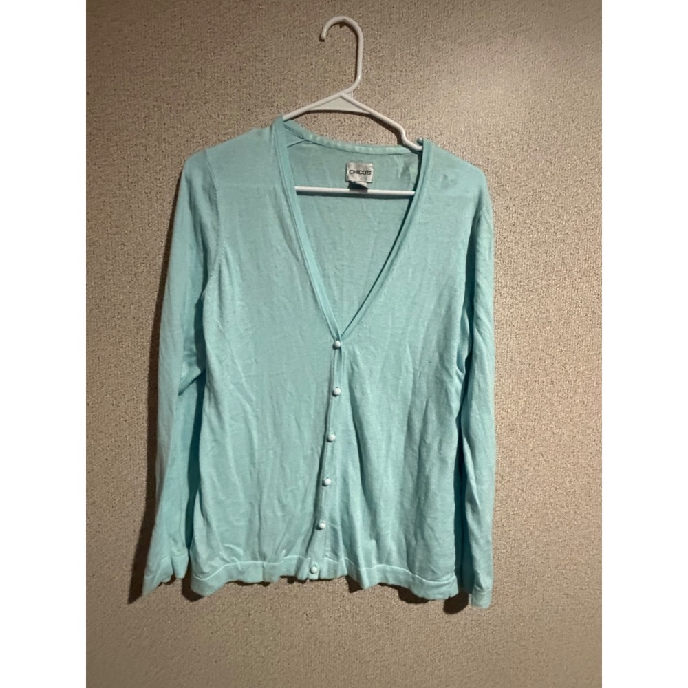 Chico's Light Aqua Blue Cotton Blend V-Neck Button Front Cardigan Sweater Size 1